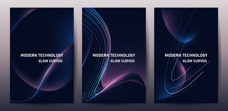 Modern Glow Blue And Pink Curve Lines on Dark Background Poster Set