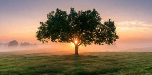Fototapeta premium Alone tree on meadow at sunset with sun and mist – panorama