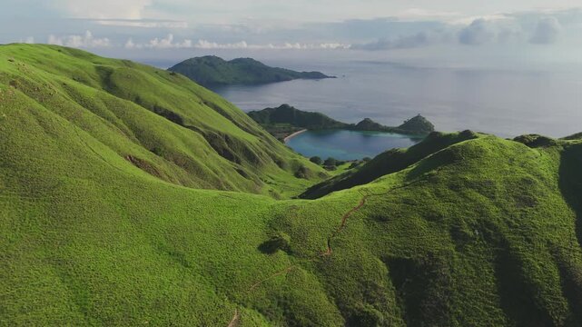 4K Aerial Drone Sunrise Over Gili Lawa, Komodo National Park, Indonesia