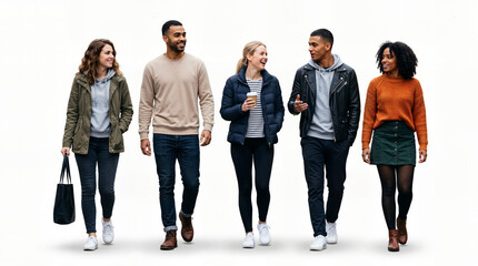 Obraz premium Diverse Group of Happy Young Multiethnic Friends Walking and Talking Together Isolated on White