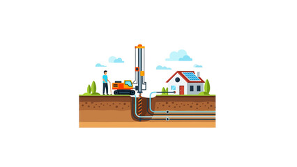 Fototapeta premium Geothermal Heating System Installation with Drilling Rig and House Illustration