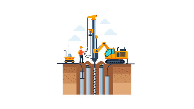 Construction Drilling Rig Machine and Worker Installing Foundation Piles Vector Illustration
