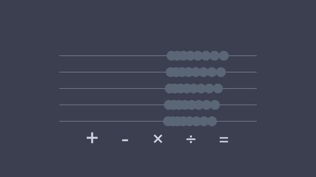 Minimalist mathematical abacus animation with moving beads and arithmetic symbols for educational motion 4k