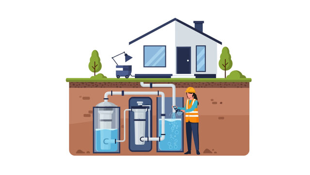 Residential Underground Water Filtration and Septic System Maintenance Vector Illustration