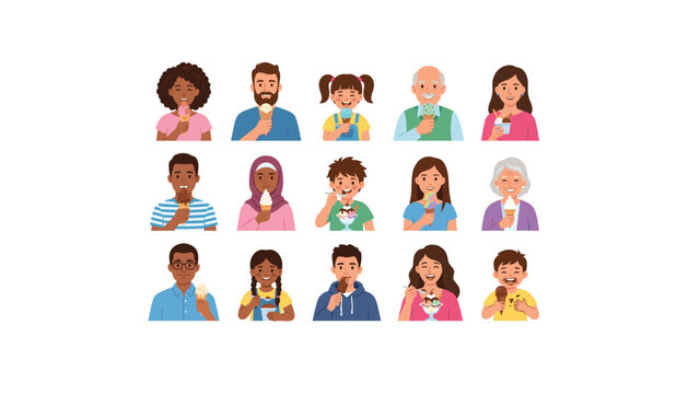 Diverse diverse people eating ice cream set with happy cartoon kids adults seniors enjoying cold sweet summer treats vector