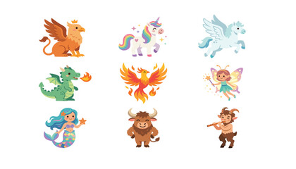 Fototapeta premium Cute cartoon mythical creatures set with dragon unicorn griffin pegasus phoenix fairy mermaid minotaur and satyr character vector illustration