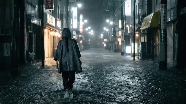 激しい豪雨の夜、水浸しの日本の街並みをレインコートを着て歩く人の後ろ姿