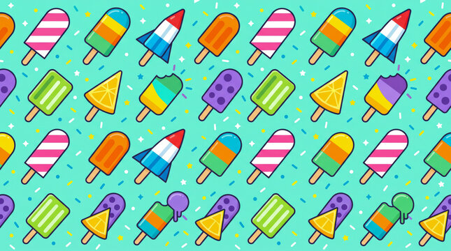 A seamless pattern of various bright popsicles rocket pops and ice cream bars on wooden sticks scattered with tiny sprinkles and stars over a vibrant turquoise background layout