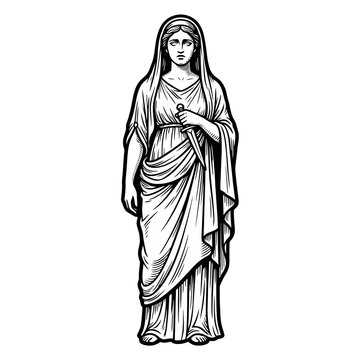 Standing Greek goddess holding ceremonial dagger line art