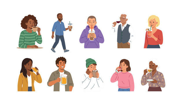 Diverse diverse people drinking various beverages coffee tea beer wine soda bubble milk juice cocktail vector illustration set