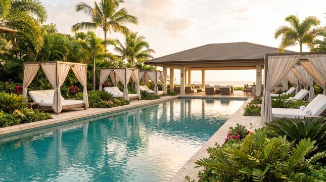 Private resort style pool with cabana daybeds and tropical landscaping