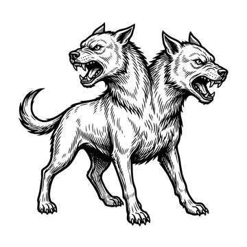 Two headed wolf monster mythological creature engraving art.