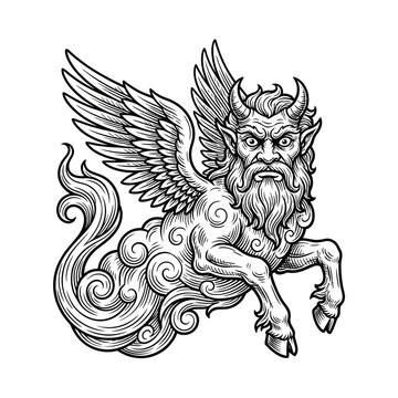 Winged horned satyr mythical beast line art illustration.