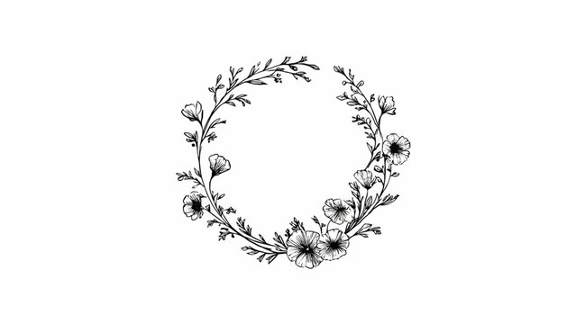Elegant Hand Drawn Floral Wreath Illustration Featuring Delicate Wildflower Foliage and Minimalist Botanical Botanical Design Elements