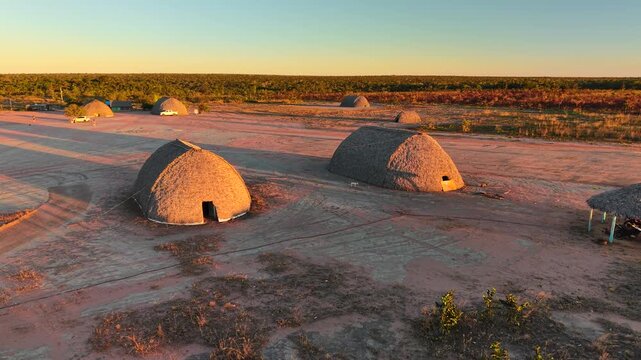 Aerial view of traditional houses in Katyalarekwa village, an Indigenous reserve of the Haliti Pares&iacute; people in Tangar&aacute; da Serra, Mato Grosso, Brazil