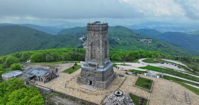 Shipka National Liberty Monument in Bulgaria, scenic aerial landscape view
