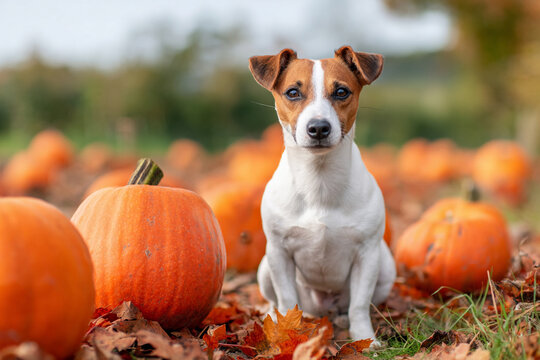 Jack Russell Terrier Sitting Among Pumpkins in an Autumn Field