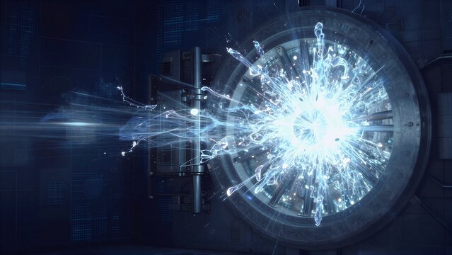 High-tech door shatters with brilliant blue energy burst in futuristic lab setting.