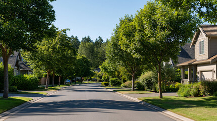 Fototapeta premium Sunny suburban street lined with trees, peaceful residential neighborhood ideal for real estate concept, with copy space
