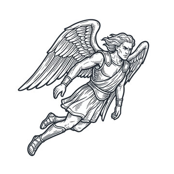 Winged man flying mythological figure line art.