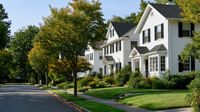 Row of older houses in an American suburb, classic residential architecture concept, with copy space