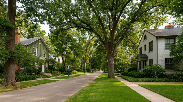 Midwest neighborhood street with old homes and green trees in summer in Illinois, classic American residential concept, with copy space