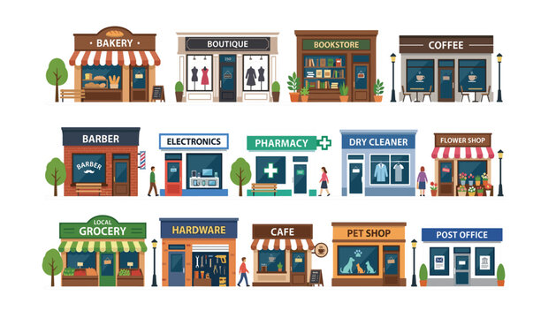 Vector flat city street shop store facade architecture bundle collection set with bakery boutique bookstore coffee grocery cafe pet post office