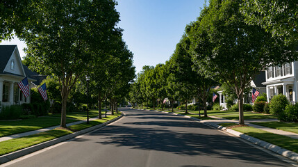Quiet suburban street with American flags lining both sides on a sunny summer day, patriotic neighborhood concept, with copy space © Kateryna Arkhypova