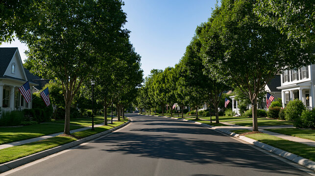 Quiet suburban street with American flags lining both sides on a sunny summer day, patriotic neighborhood concept, with copy space