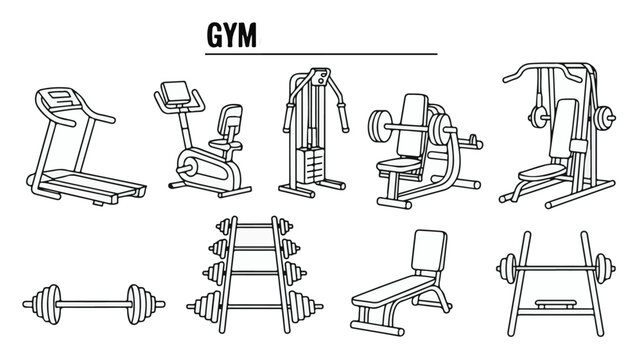 Minimalist Line Art Icons of Various Fitness and Workout Equipment