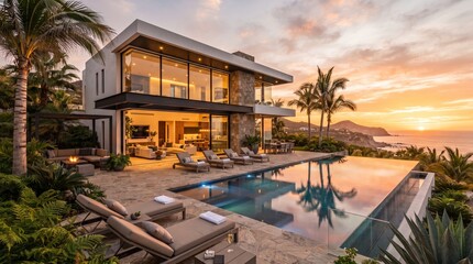 Fototapeta premium Luxury modern house with pool and garden at sunset.