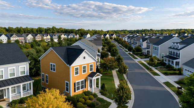 Aerial view of an upper middle class neighborhood street with luxury single-family homes and colorful siding in Maryland USA, with copy space