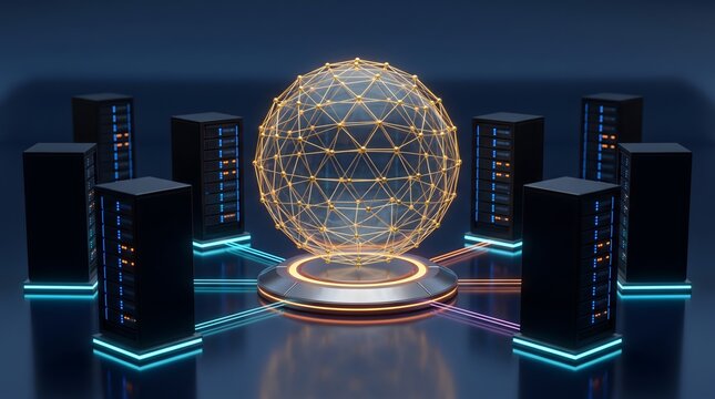 Global data center server racks surrounding glowing wireframe sphere representing cloud computing network and big data storage infrastructure