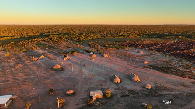 Aerial view of traditional houses in Katyalarekwa village, an Indigenous reserve of the Haliti Pares&iacute; people in Tangar&aacute; da Serra, Mato Grosso, Brazil