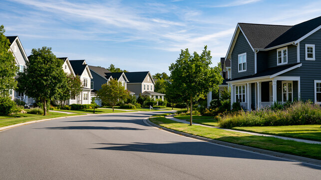 Beautiful American street with charming residential houses, suburban neighborhood lifestyle concept, with copy space