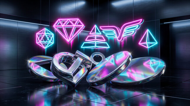 A futuristic display of large glossy metallic coins and letters on a dark floor underneath glowing pink and cyan neon signs shaped like diamonds wings pyramids and wireframes