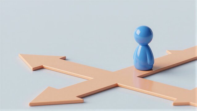 Blue figure stands at crossroads of arrows, symbolizing life's choices and decision points.