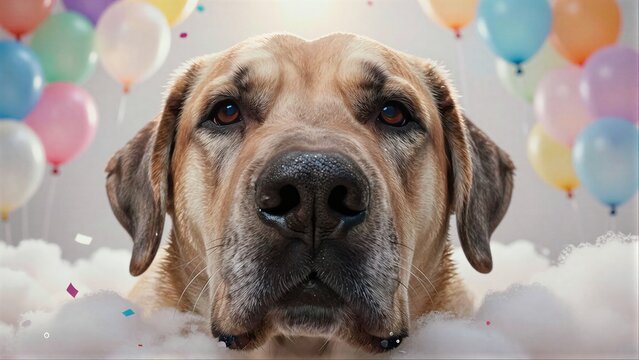 A happy dog surrounded by colorful balloons and fluffy clouds.