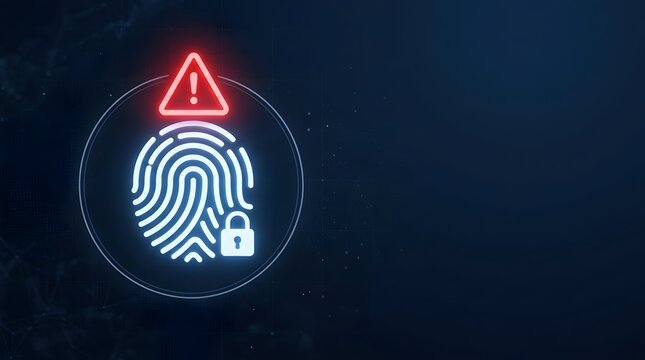 Biometric security threat alert showing glowing red warning triangle over fingerprint scan representing identity theft and failed authentication