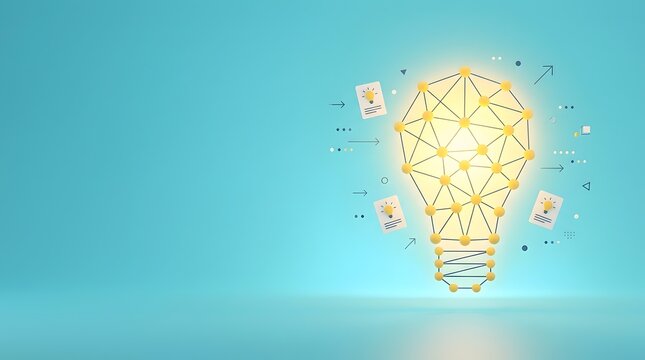 Collective intelligence network showing wireframe lightbulb with document icons and arrows representing team brainstorming and crowdsourced innovation