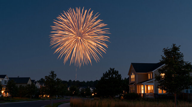 Colorful fireworks illuminating the night sky over a peaceful American suburb during a 4th of July celebration, with copy space
