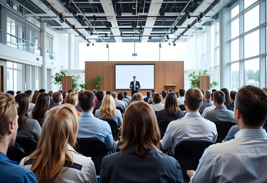 corporate business audience listening to presenter in modern conference hall auditorium seminar lecture