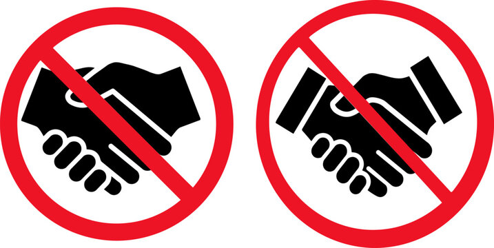 Two black handshake icons with red prohibition signs