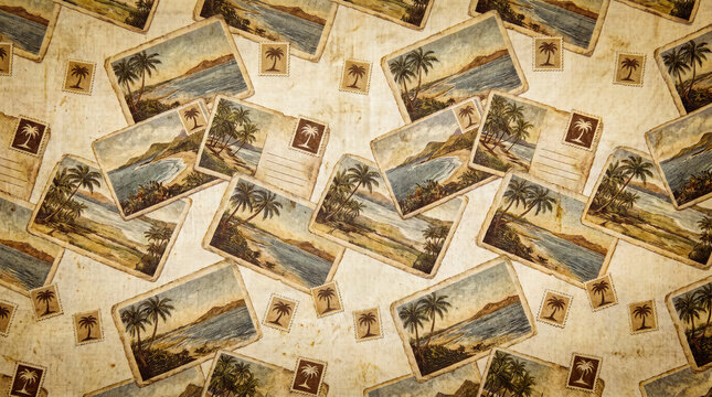 A collage pattern features vintage postcards depicting tropical beach scenes with palm trees and water scattered alongside small square postage stamps across a textured tan canvas background