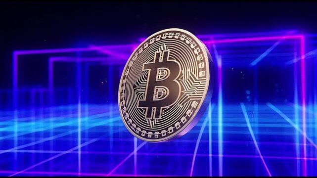 A single Bitcoin coin spinning in front of a futuristic digital background with glowing blue and pink lines