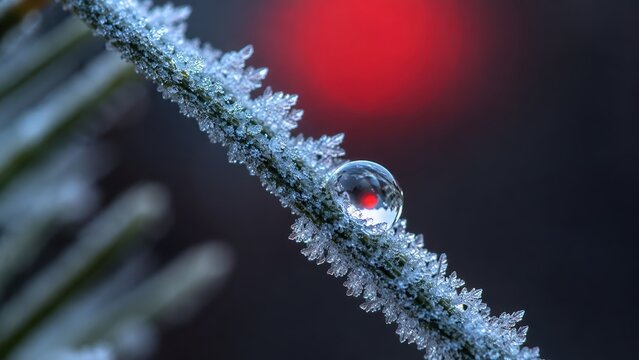 Macro shot of a Christmas pine needle covered in frost and a water droplet