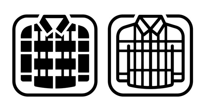 Set of plaid flannel shirt icons in solid and outline style with clothing, checkered