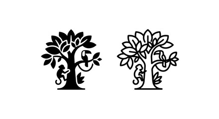 Jungle tree with monkey and toucan icon set wildlife tropical illustration © MdDelowar