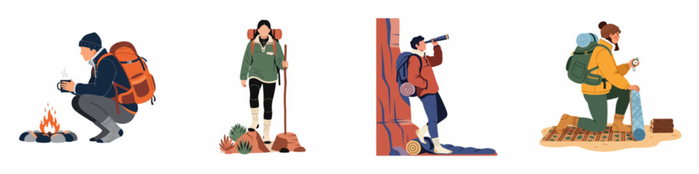 Set of hikers and campers illustrations, featuring characters with backpacks, campfire, hiking, scouting with a telescope, and setting up camp.