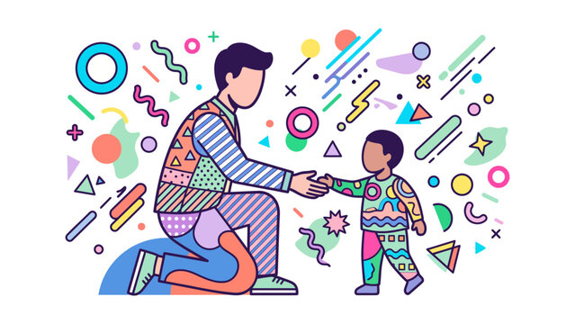 Father helping child take first steps among abstract geometric shapes, family bonding and child development concept, colorful flat memphis style , vector illustration
